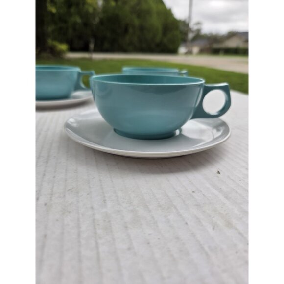 Set 14 Vintage MCM Melmac Durawear White & Turquoise Coffee Cups Berry Bowls - Picture 13 of 13